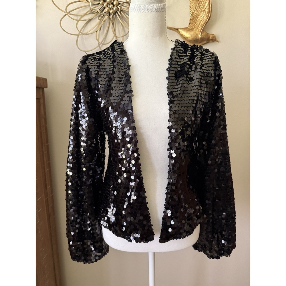 Love On A Hanger Black Sequin Open Front Jacket Cardigan Womens S Glam